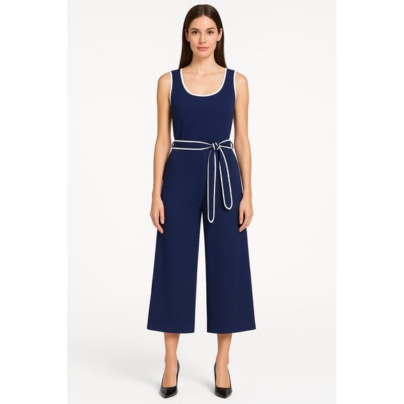 Karl Lagerfeld Navy White-Trim Jumpsuit 14 | Wide Leg Sleeveless Belted NWT - Picture 2 of 15